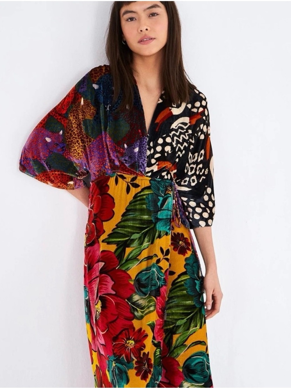 FARM Rio velvet mix print maxi Wrap Dress — Mustard, Red, Green, Black